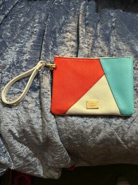 Geometric Color-blocked Wristlet /Clutch in Coral-Red, White, and Sky